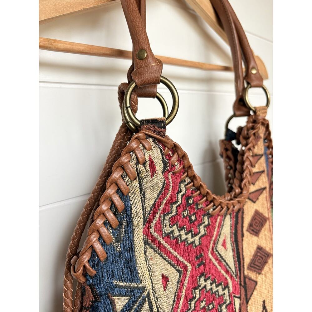 Southwestern Tapestry Hobo Bag Woven Fringe Boho Aztec Slouchy Handbag Purse - Picture 3 of 16